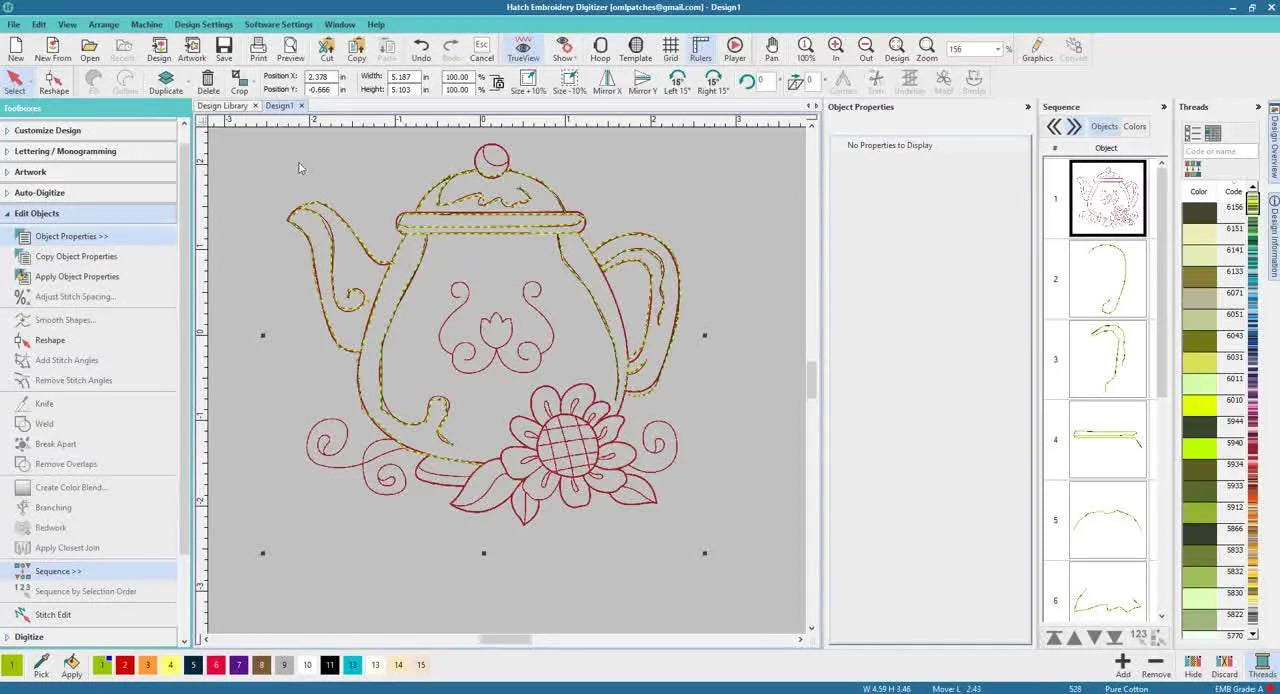 Hatch 2.0 screen capture showing multiple outline segments being consolidated into a single Redwork object in the sequence view.