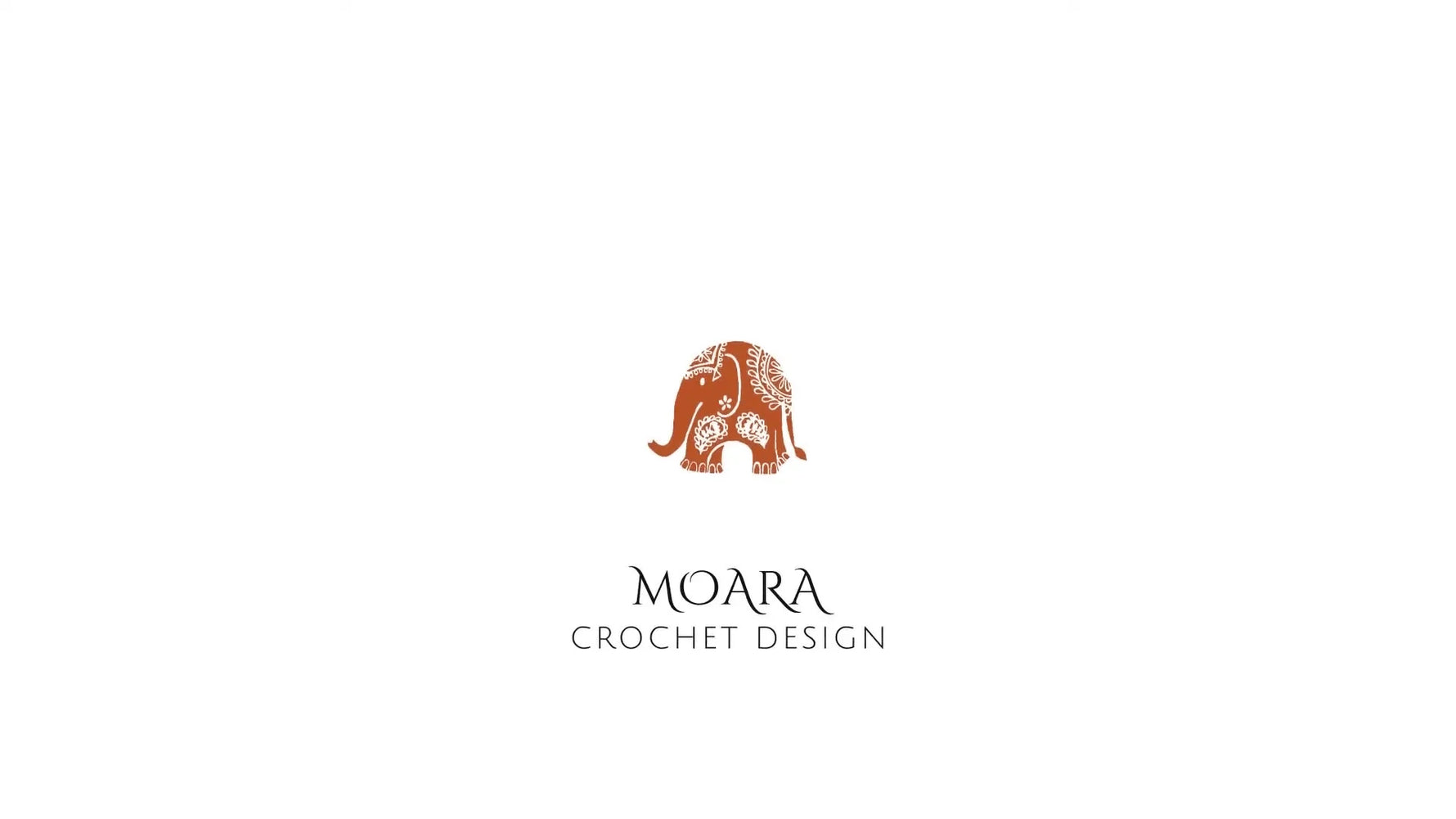 Intro screen for Moara Crochet Design tutorial, featuring a stylized orange crocheted elephant logo on a white background.