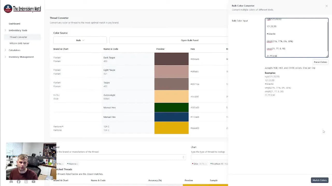The Bulk Import panel processes a pasted list of mixed RGB, Hex, and CMYK values into ready-to-match color swatches.