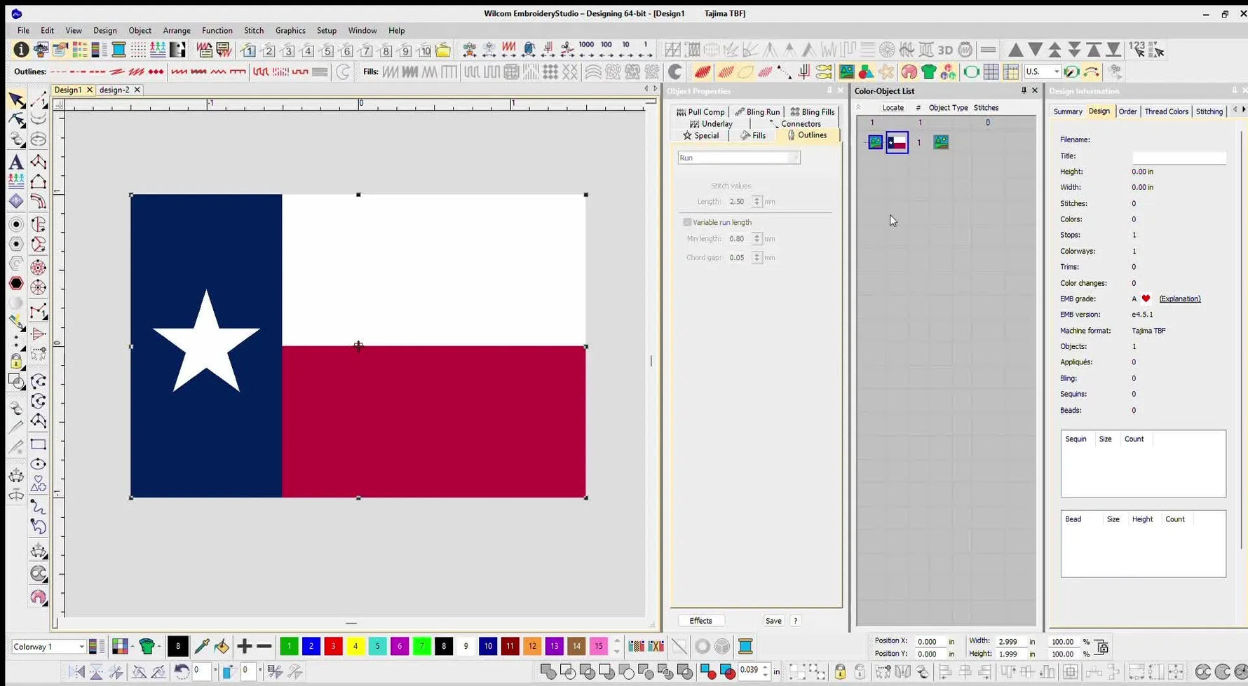 A close-up screen capture shows Wilcom’s interface confirming the Texas flag design is set to exactly 3.00" wide by 2.00" high.