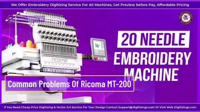A title frame showing the Ricoma MT-2001 20-needle single-head embroidery machine and thread stand.