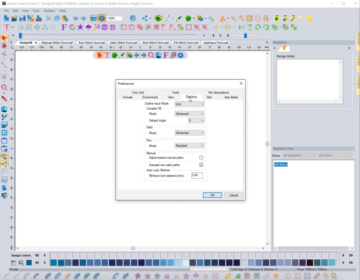 FTC-U Program Preferences open to the Digitizing tab, showing Standard/Advanced dropdowns for Run, Satin, and Complex Fill.