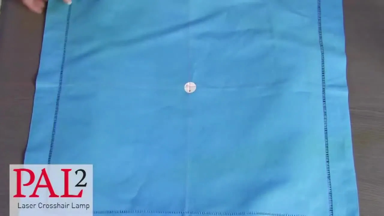 A hoop and blue fabric with a target sticker are perfectly centered under the PAL 2 red laser crosshair for precise embroidery placement.