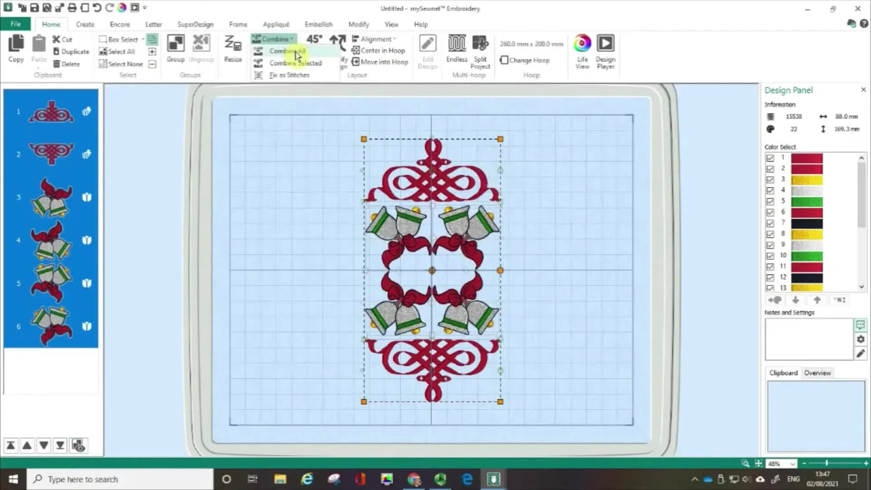 A close-up screen capture shows the mySewnet toolbar menu where “Combine All” is being selected to merge design parts before color sorting.