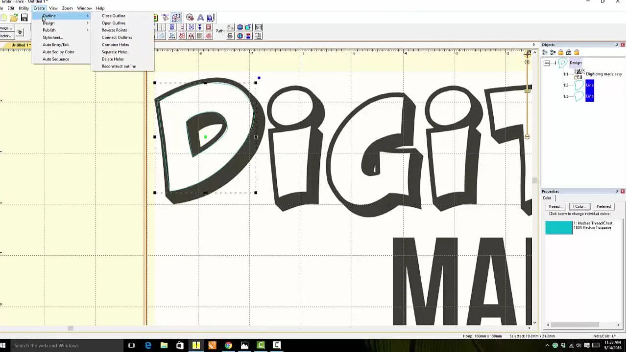 The Embrilliance Stitch Artist menu is open with the Combine Holes command highlighted, showing the key moment where two shapes become one clean compound design.
