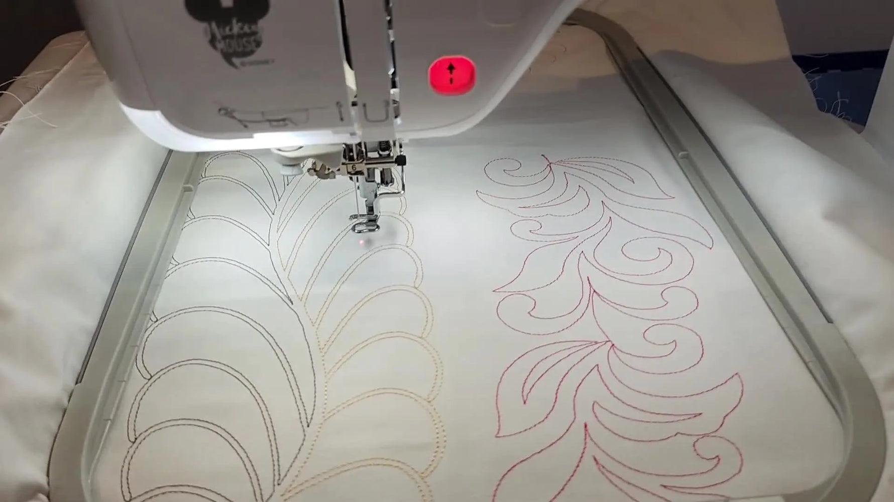 A user fine-tunes embroidery alignment on the Brother Stellaire touchscreen using the on-screen arrow keys while the laser positioning system is active.