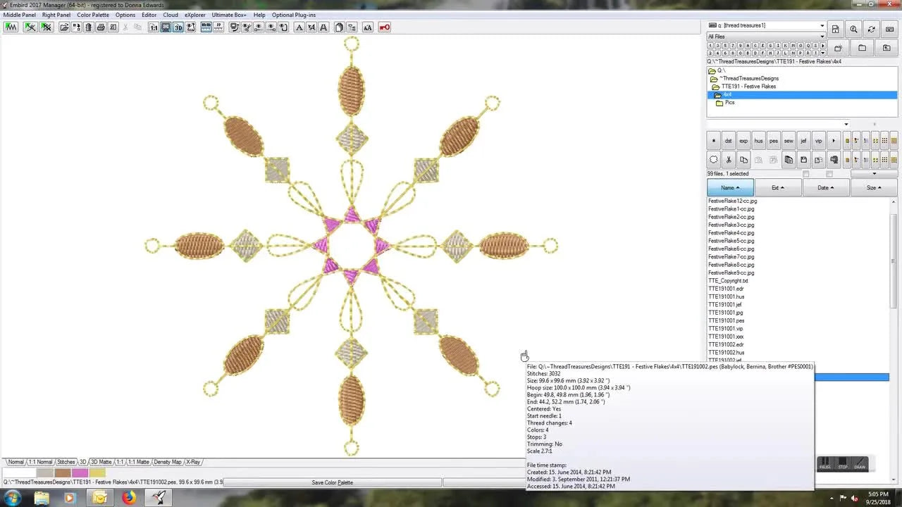A fully recolored snowflake design previewed in Embird Manager with a pastel palette, showing how colorways can be tested before stitching.