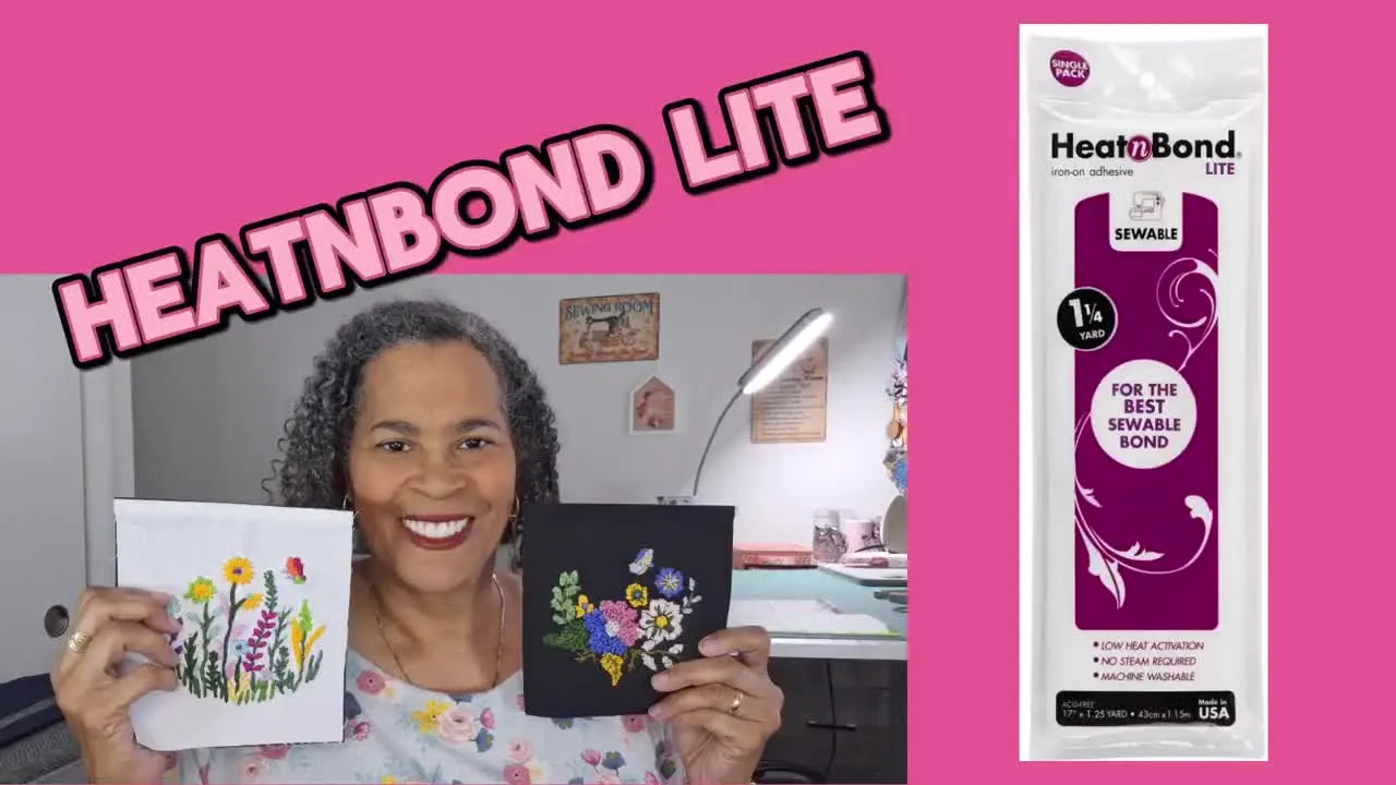 Woman holding two finished embroidered applique pockets with the HeatnBond Lite Sewable package.