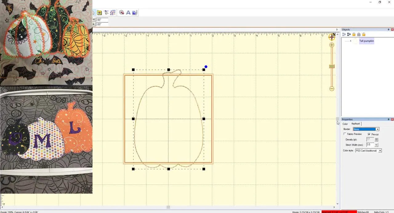 A screen capture of Embrilliance showing the AccuQuilt appliqué border set to E‑Stitch with stitch length and width visible for a clean blanket-stitch look.