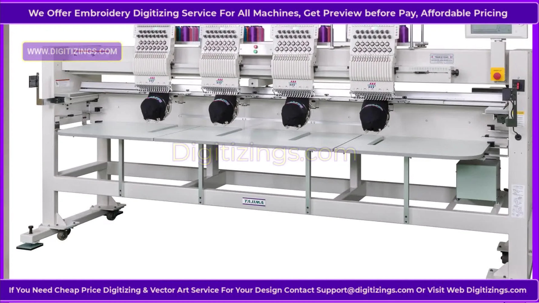 A wide view of a multi-head Tajima TMAR‑SC industrial embroidery machine set up for high-volume production.