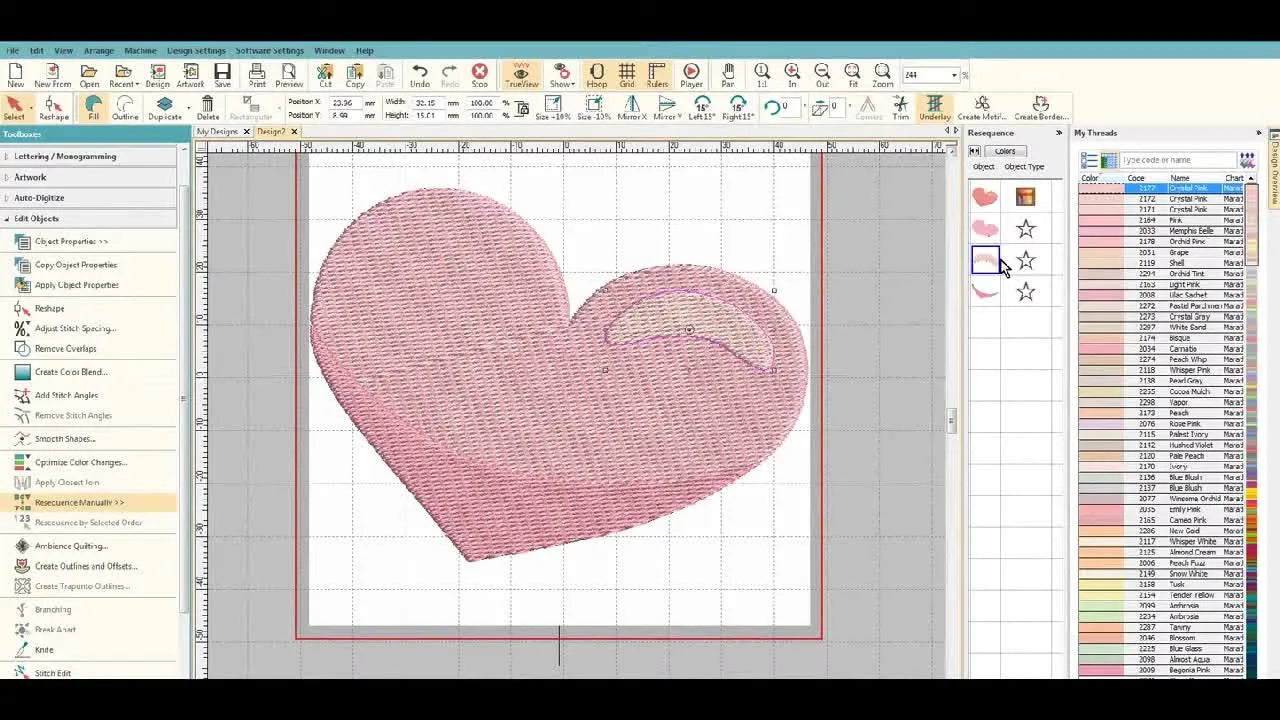 The base heart layer in Wilcom Hatch shows clean cutouts where highlight and shadow layers will sit, confirming overlaps were removed correctly.