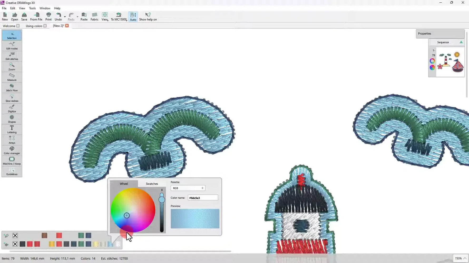 The Creative DRAWings XII Color Selector dialog is open, showing the color wheel, brightness slider, and preview area used to edit and match design colors.
