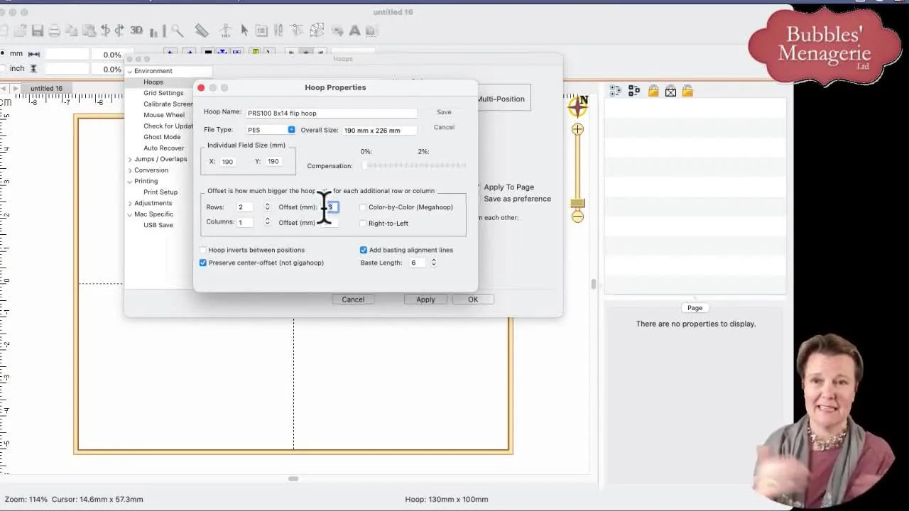 A screen capture shows the Offset set to 180 while the Overall Size confirms 190mm x 370mm for a two-position flip hoop layout.
