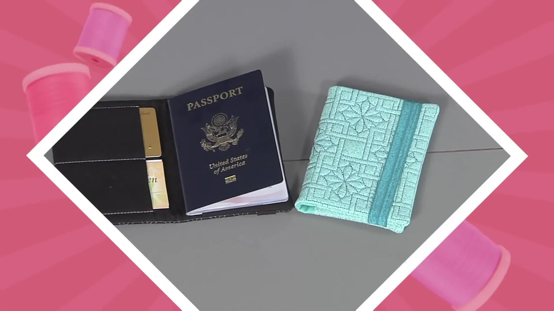 A finished quilted in-the-hoop passport case sits beside a passport and cards, showing the pocket layout and textured quilting.