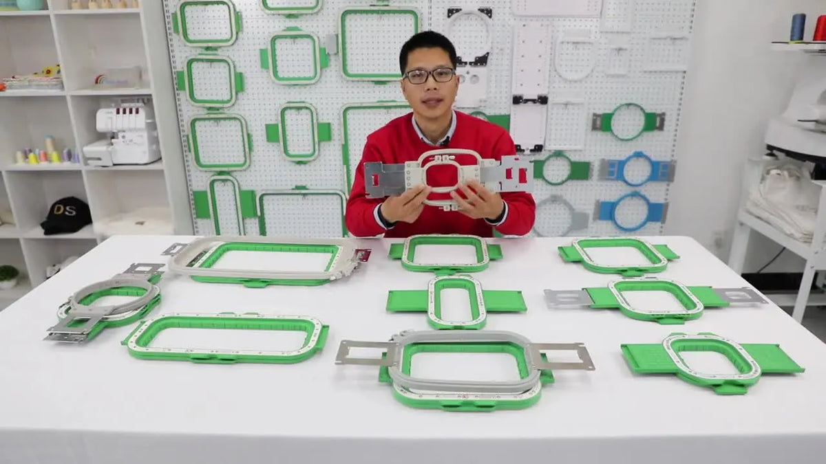 Presenter introducing MagieFrame magnetic hoops with multiple hoops displayed.