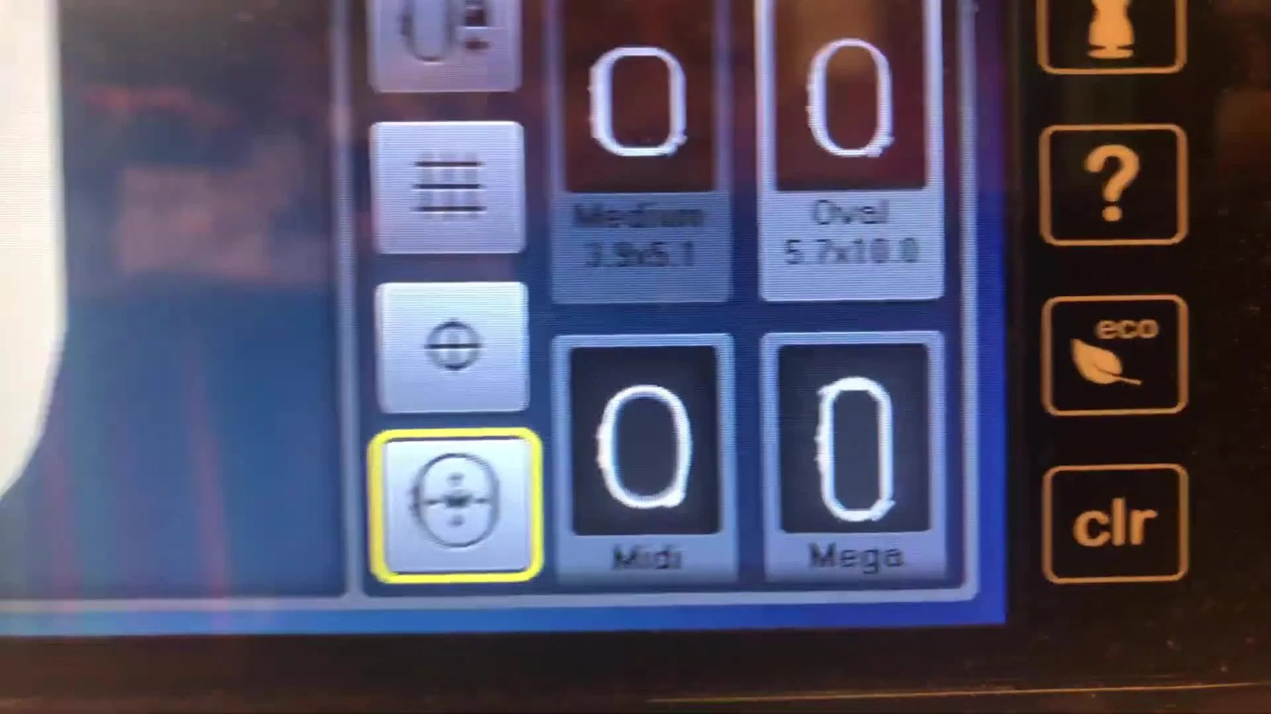 A close-up of the Bernina 790 Plus Virtual Positioning butterfly icon highlighted in yellow, showing the feature is active for precise design alignment.