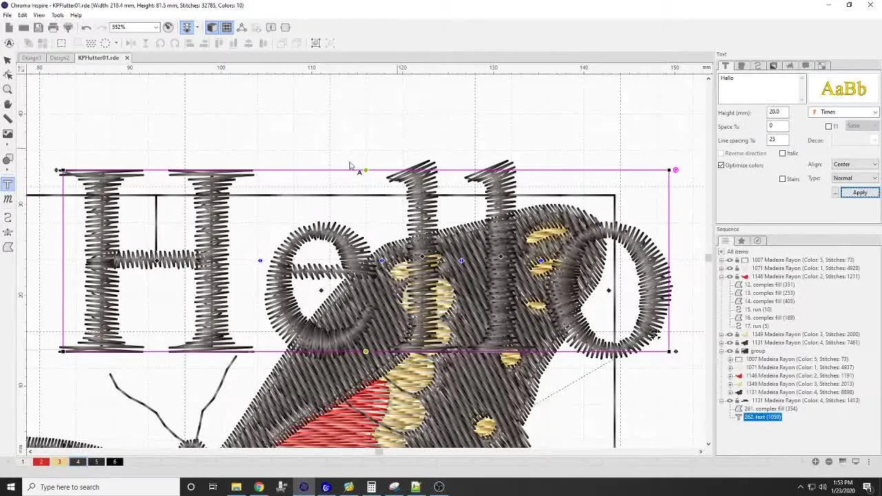 Screen capture of Chroma Inspire showing manual satin digitizing with point-and-counterpoint nodes and stitch angle lines.