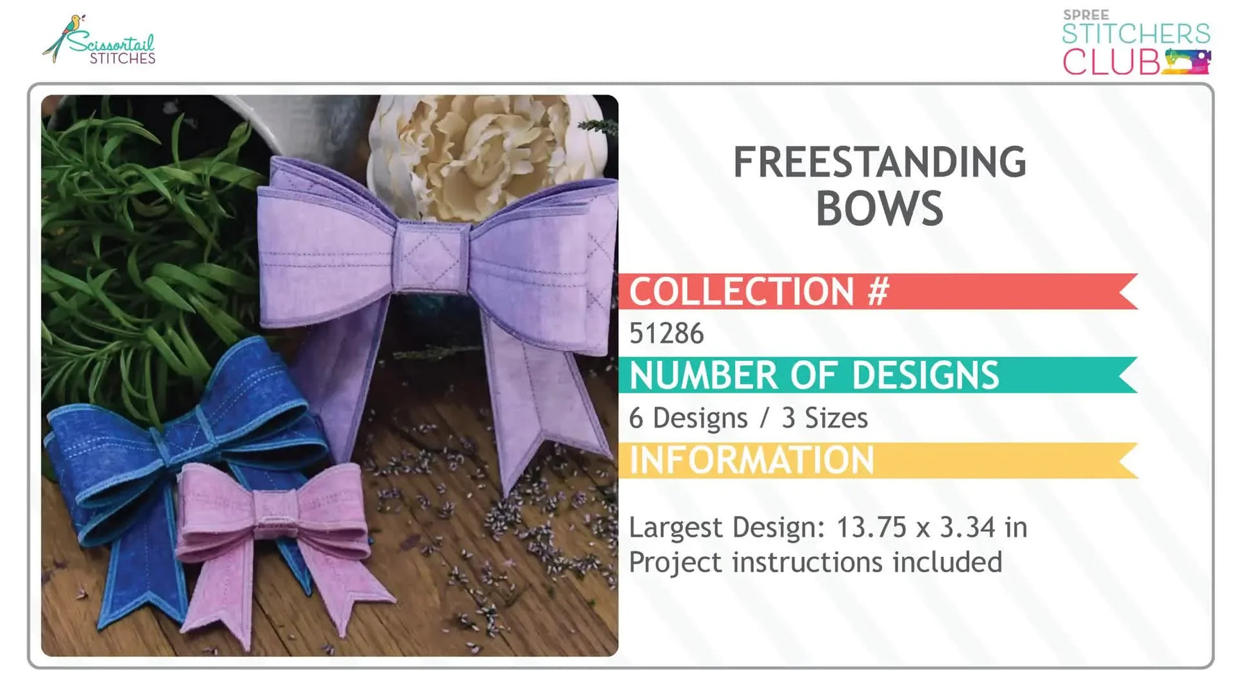 A showcase slide featuring large purple and blue freestanding applique bows with visible fabric texture and dimension.