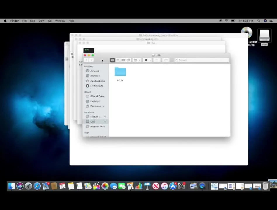 A Mac screen capture shows a PES embroidery file being dragged from a CD folder into a USB drive window in Finder.