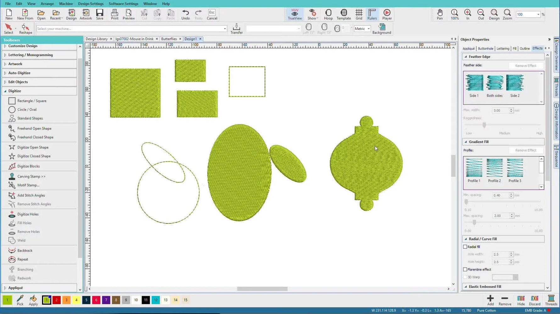 A Hatch canvas showing multiple basic shapes alongside a more complex standard ornament shape, ready for stitch effects.