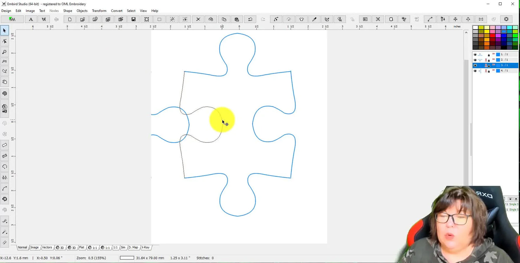 A completed puzzle-piece outline appears as one continuous blue object in Embird Studio after using Arrange Outline Parts.