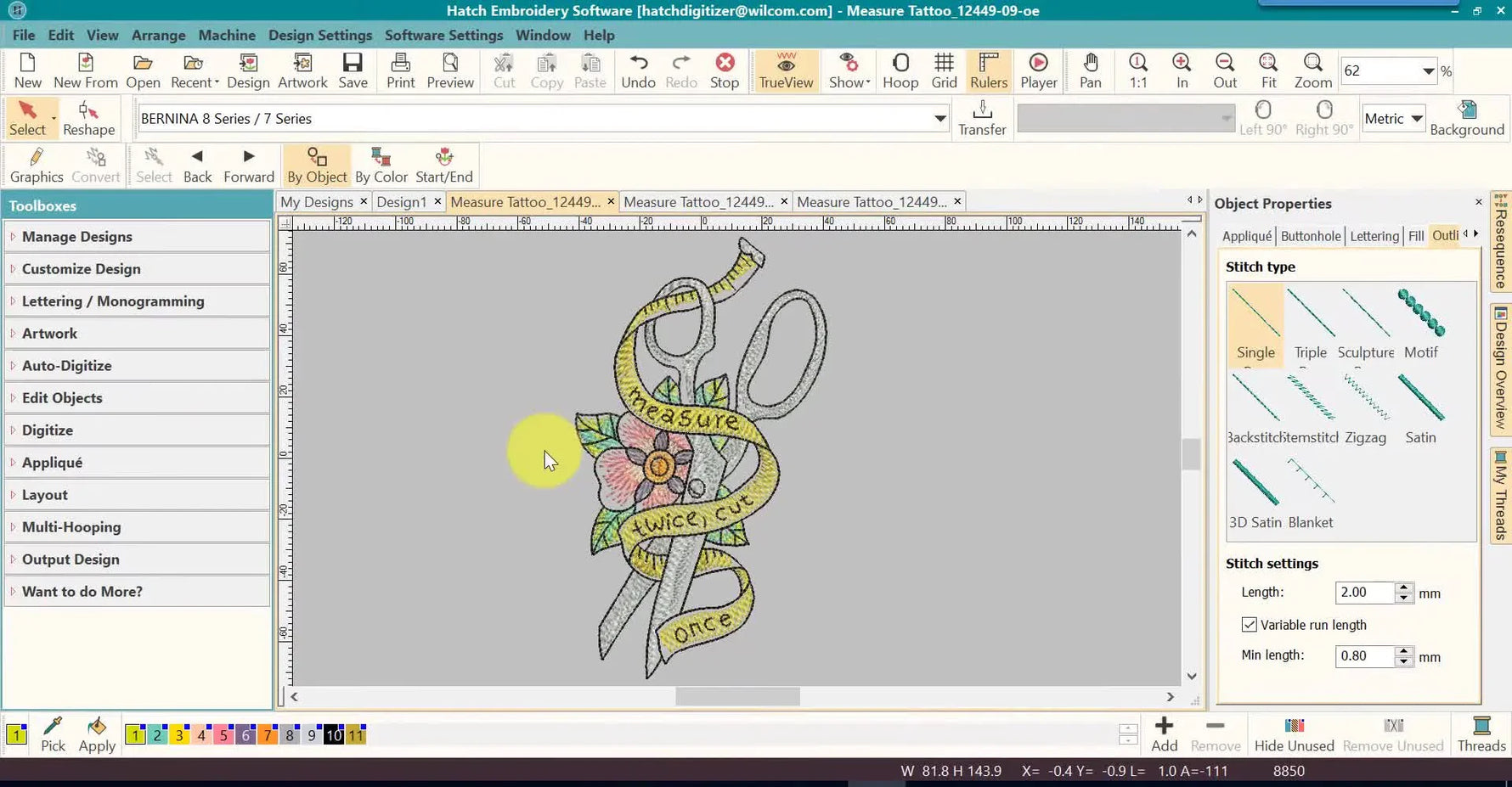 A Hatch workspace screen capture showing the “Measure Twice, Cut Once” scissors design loaded, ready for checking colors, size, and stitch count before stitching.