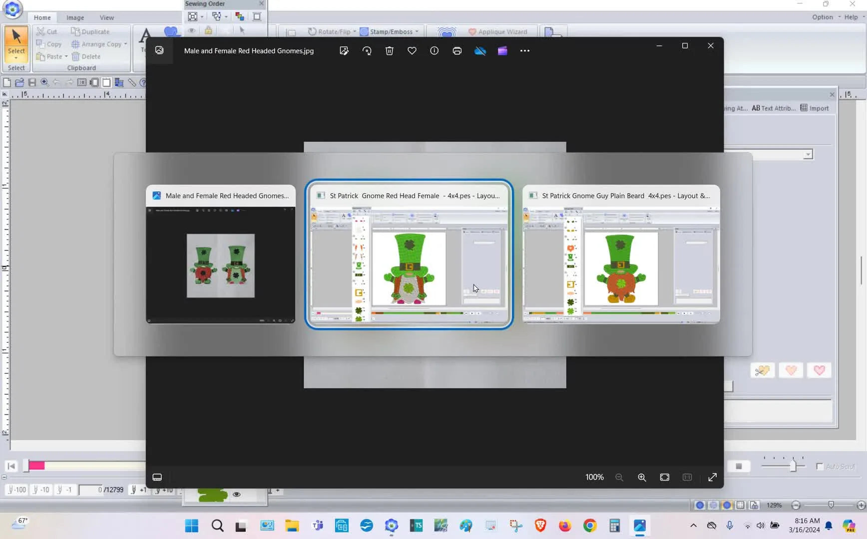 A screen capture of the Female Gnome design in Embroidery Tool Shed with the color sequence panel visible for planning thread changes.