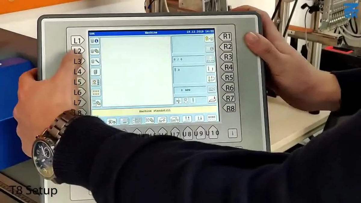 Close-up of T8 control panel displaying setup options.