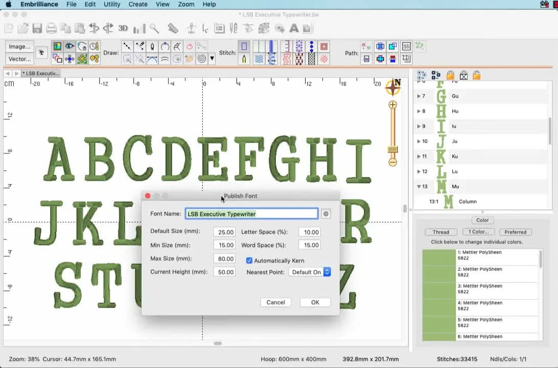 The Embrilliance Stitch Artist Level 3 “Publish Font” dialog box is open over the canvas, ready for font naming and metric settings.