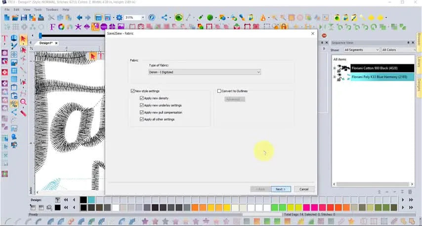 A screen capture of the Save2Sew recipe card for denim showing stabilizer, topping, hooping, and needle recommendations.