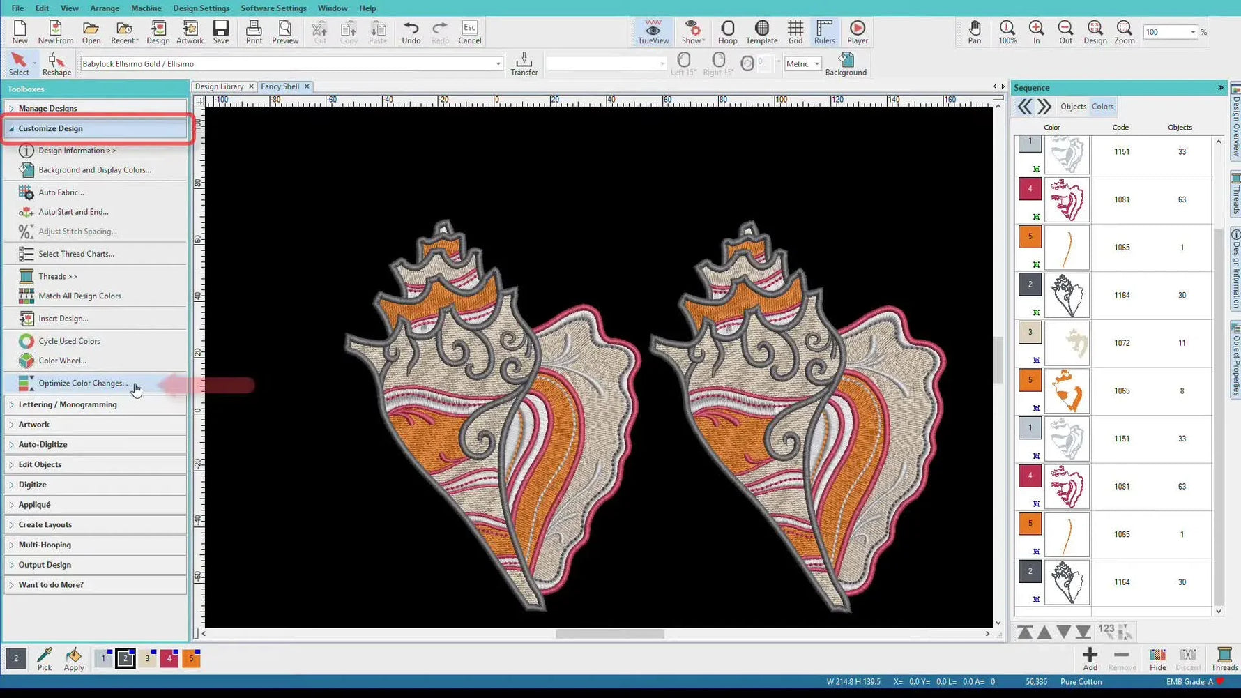 A screen capture of Hatch Embroidery Digitizer with the cursor hovering over the “Optimize Color Changes” button in the Customize Design toolbox.
