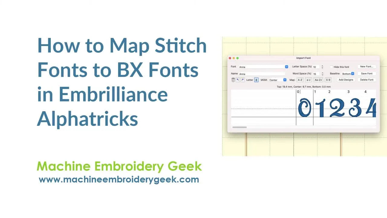 Video title slide showing 'How to Map Stitch Fonts to BX Fonts in Embrilliance Alphatricks'