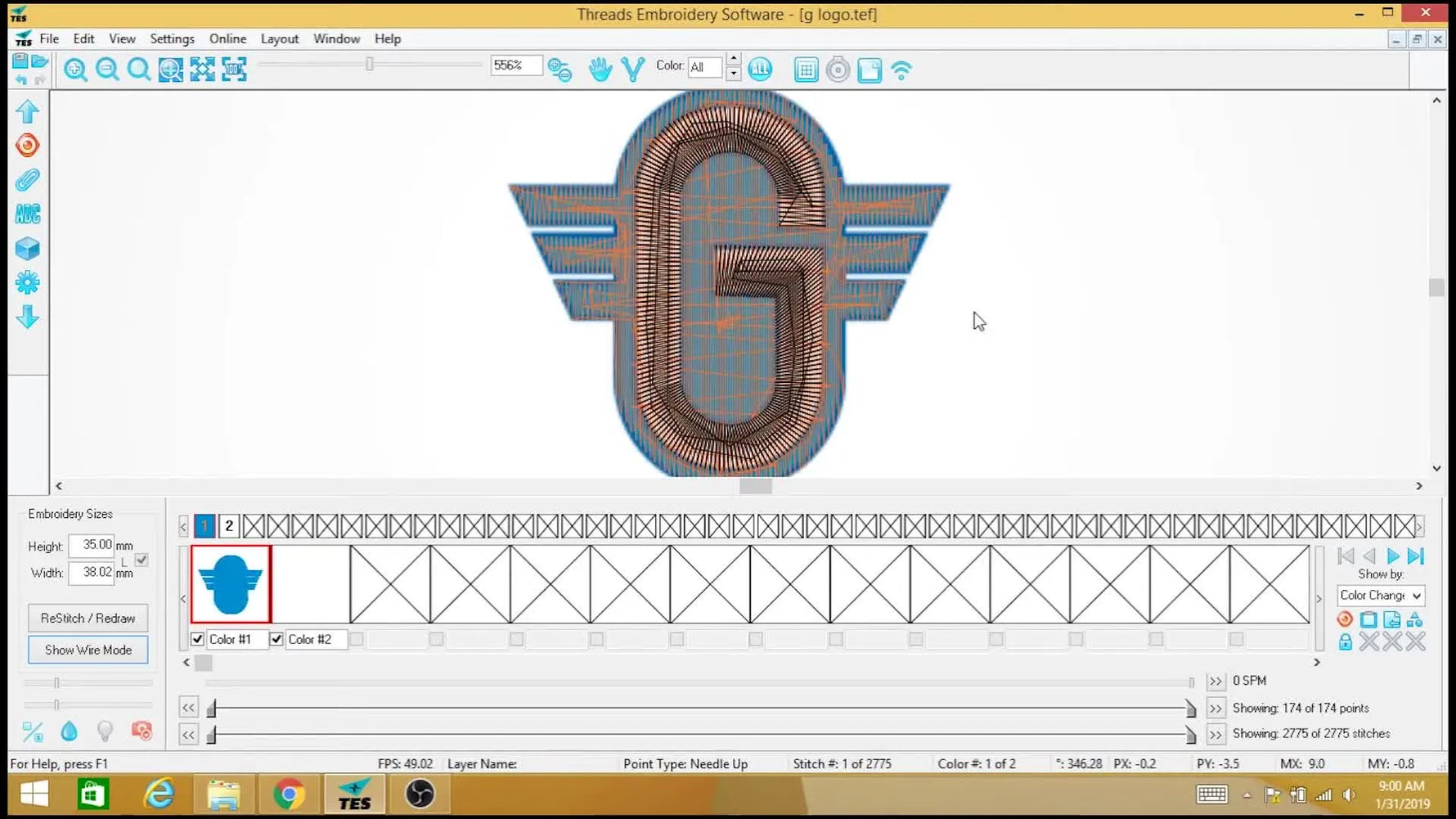 A finished stitch preview shows a white satin “G” sitting cleanly on a blue fill background, ready for a bold outline pass.