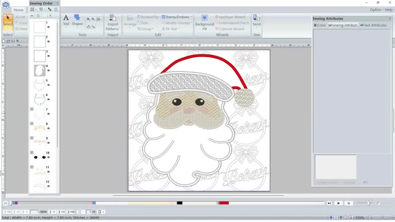 A full-screen view of Baby Lock Palette 11 showing the completed Santa appliqué block with the repeating “Believe” background and the sewing order panel.