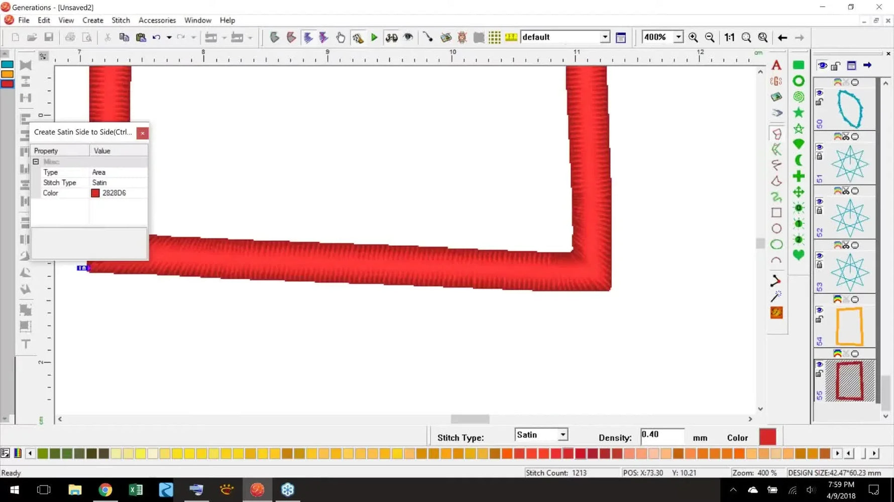 A close-up screen capture shows a manually digitized satin border laid cleanly over a thick template line, with crisp corners and consistent width.