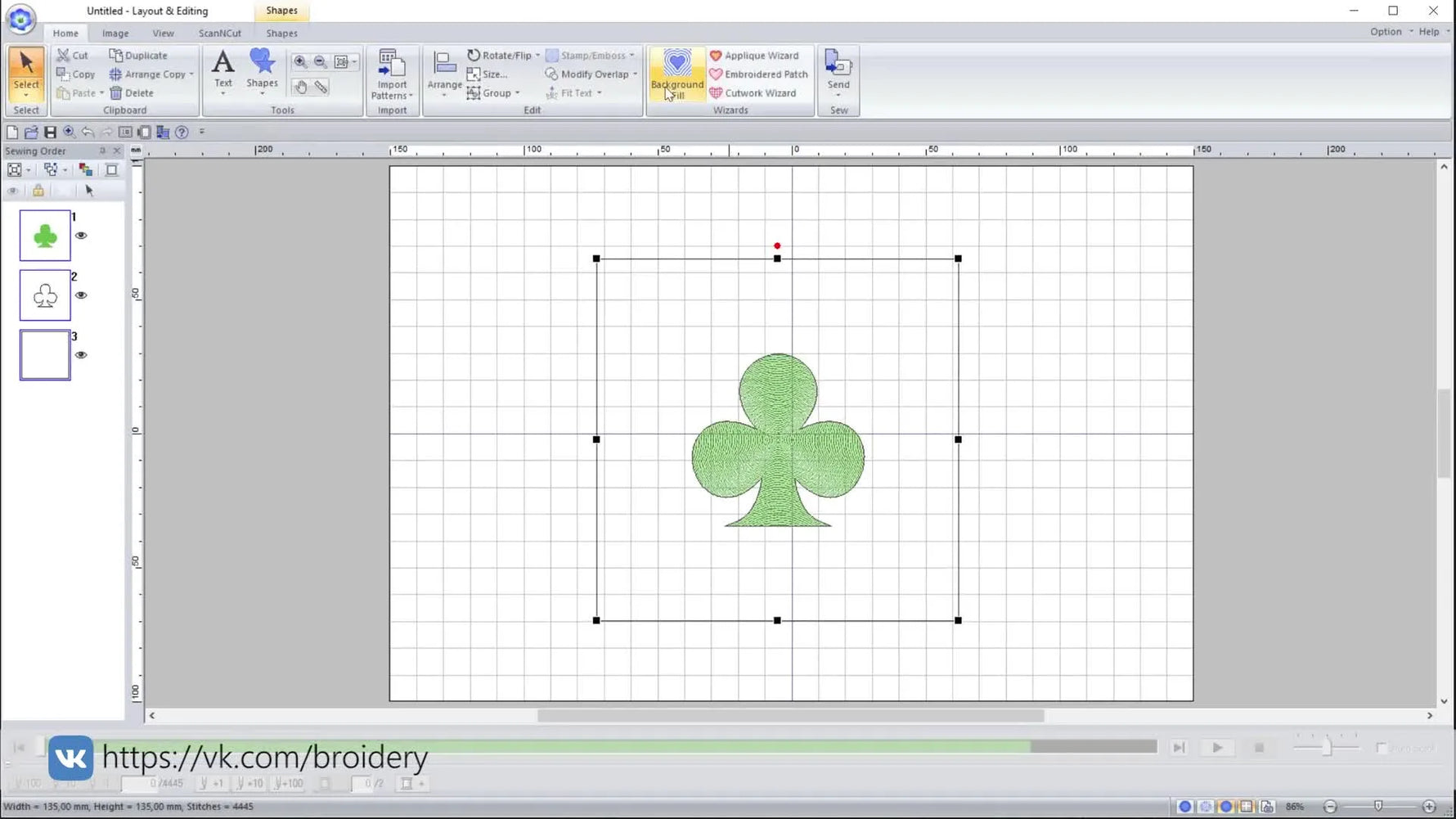 The PE-DESIGN 11 Background Fill Wizard screen showing Echo Fill, Stippling, and Decorative Fill options.
