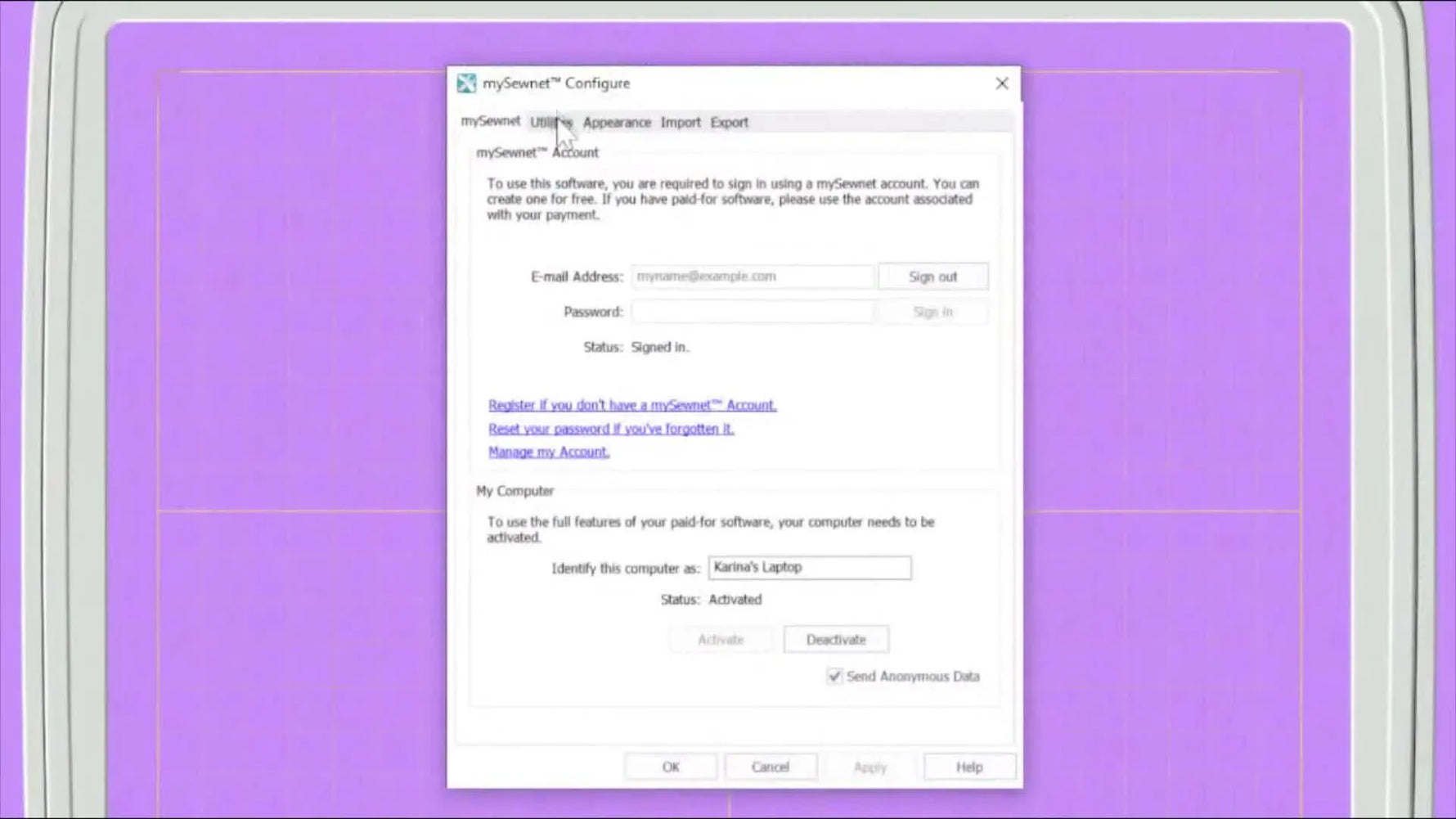 A close-up screen capture of the mySewnet Configure window opened to the Utilities tab with the key troubleshooting buttons visible.