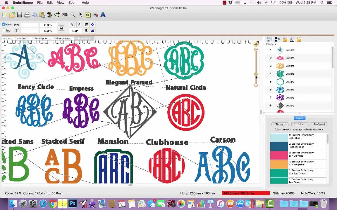A large Embrilliance working file shows a 19x12-inch monogram options chart with labeled styles laid out for quick customer selection.