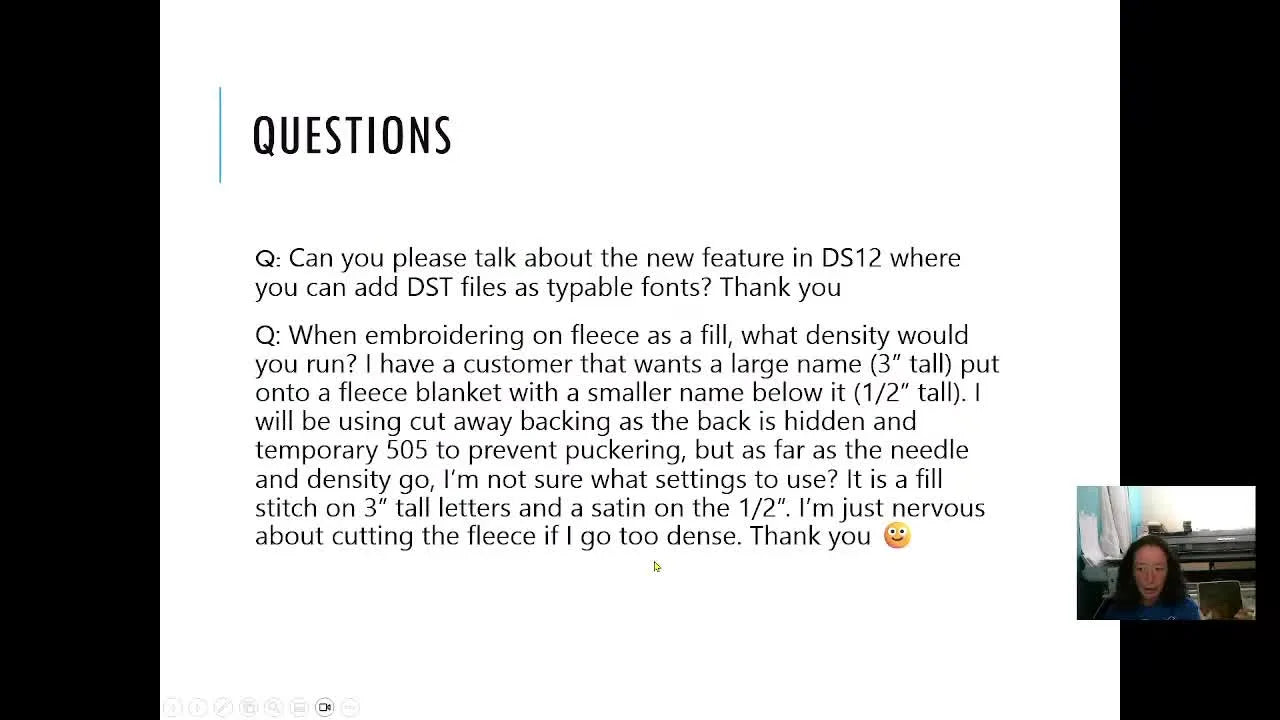 A DesignShop v12 screen capture shows a large text object being resized to 3 inches as the starting point for a fleece digitizing demo.