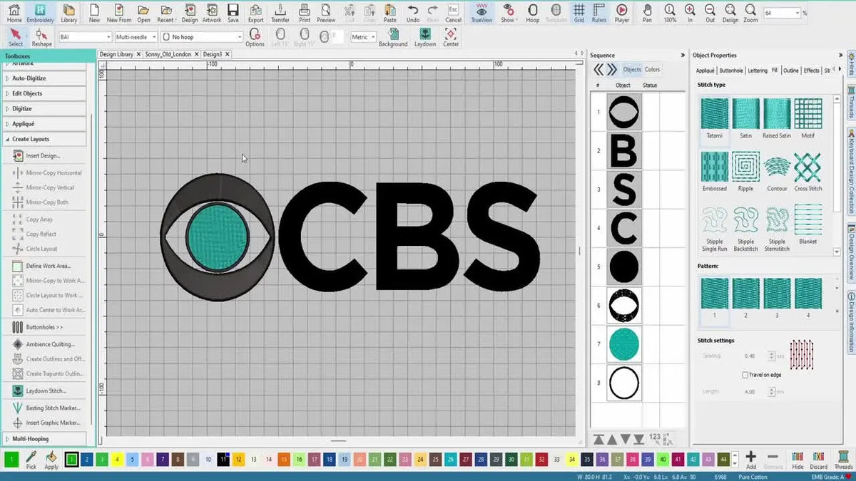 Screenshot of Hatch embroidery software showing CBS logo and various stitch property panels.