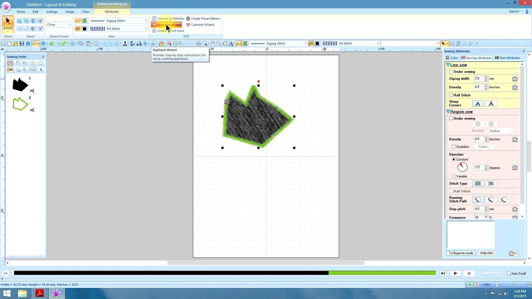 A screen capture of the PE Design Next Applique Wizard dialog showing the four applique stages with selectable checkboxes.