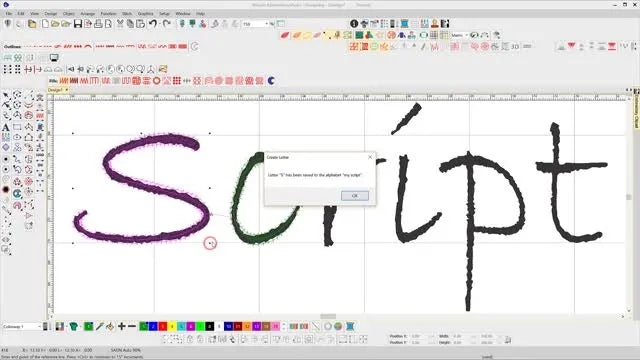 A close-up screen capture shows the second baseline click defining the letter width for a digitized “S,” with a pink baseline line visible on the Wilcom grid.
