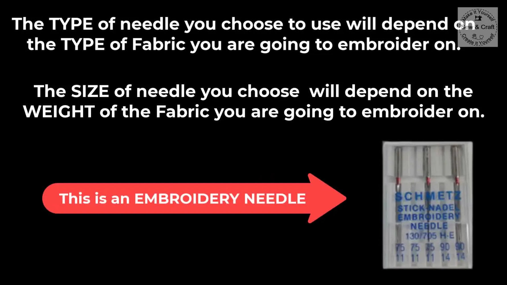 A close-up of a Schmetz embroidery needle pack highlighting the size numbers that help you match needle choice to fabric and thread.
