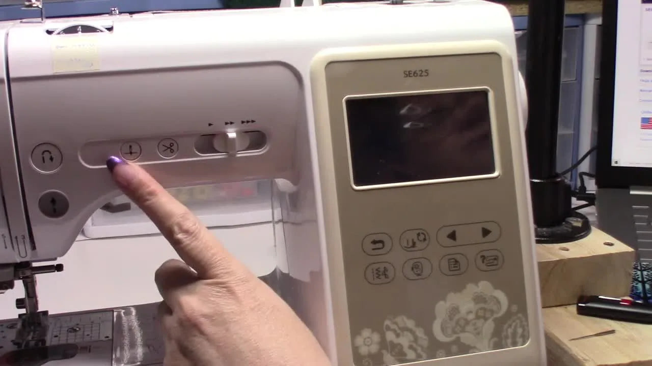 A close-up shows a finger holding the Brother SE625 needle position button to boot into firmware update mode.