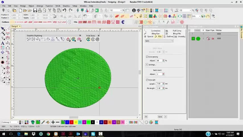 A Wilcom EmbroideryStudio e4 screen capture shows stitch angle lines being added to a donut shape to control turning satin direction.