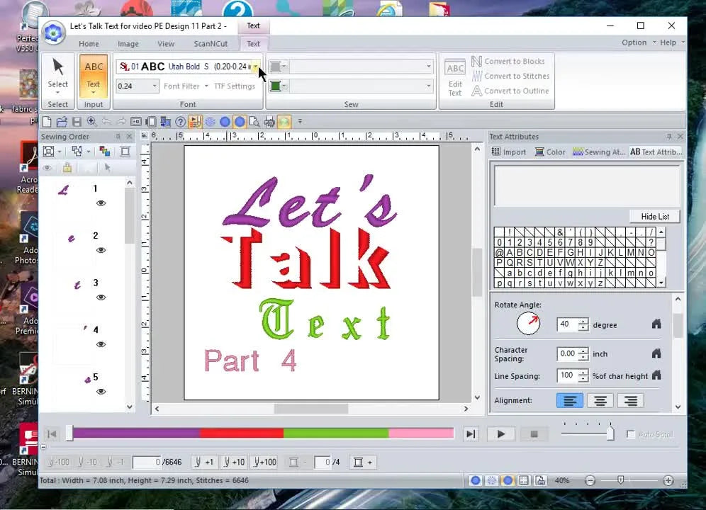 A PE-Design 11 dropdown showing the dedicated Small Text font list with icons that indicate micro-lettering fonts.