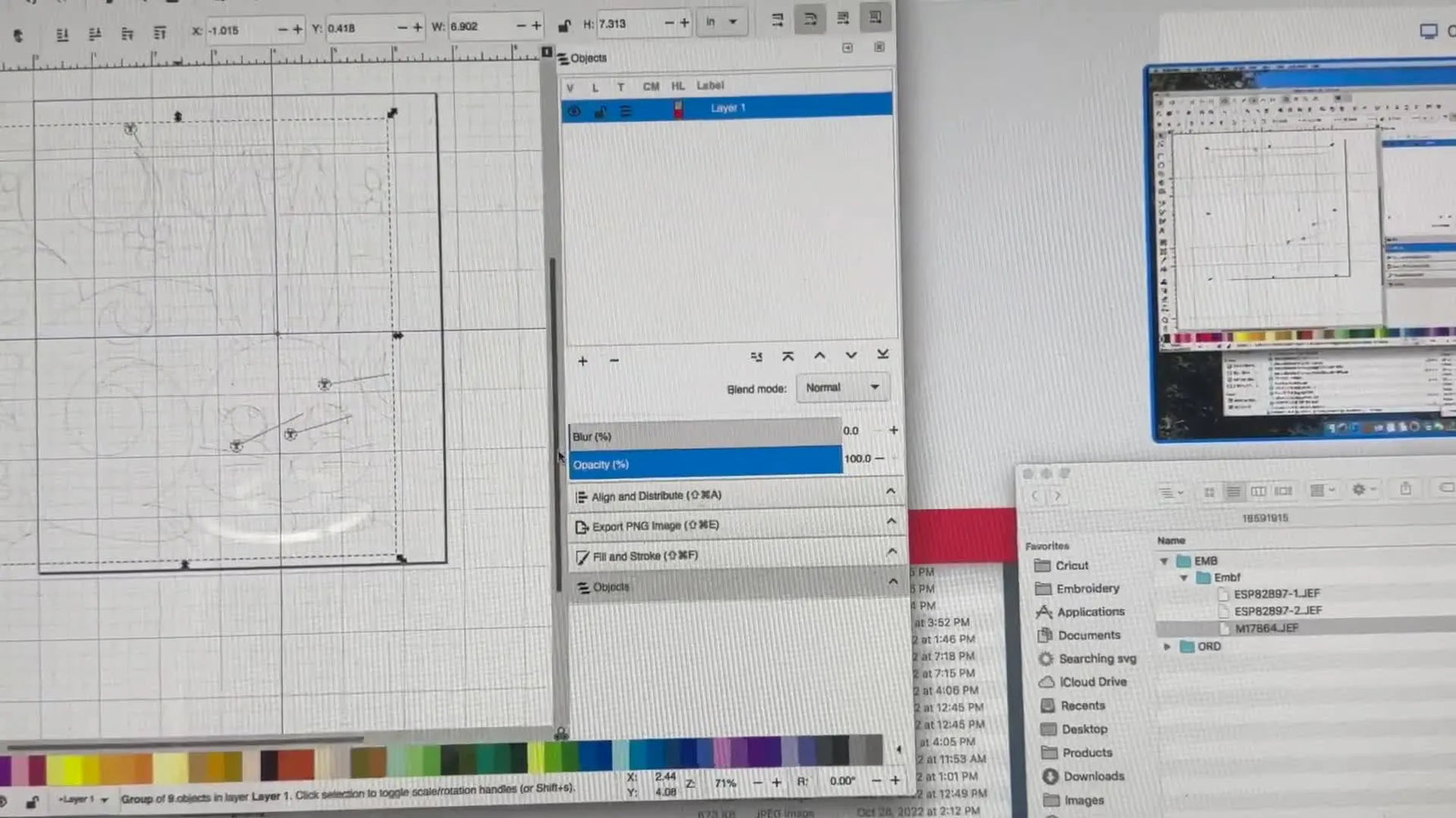 Inkscape shows an embroidery design spilling outside a 170×200 mm hoop template, making the sizing problem instantly visible.