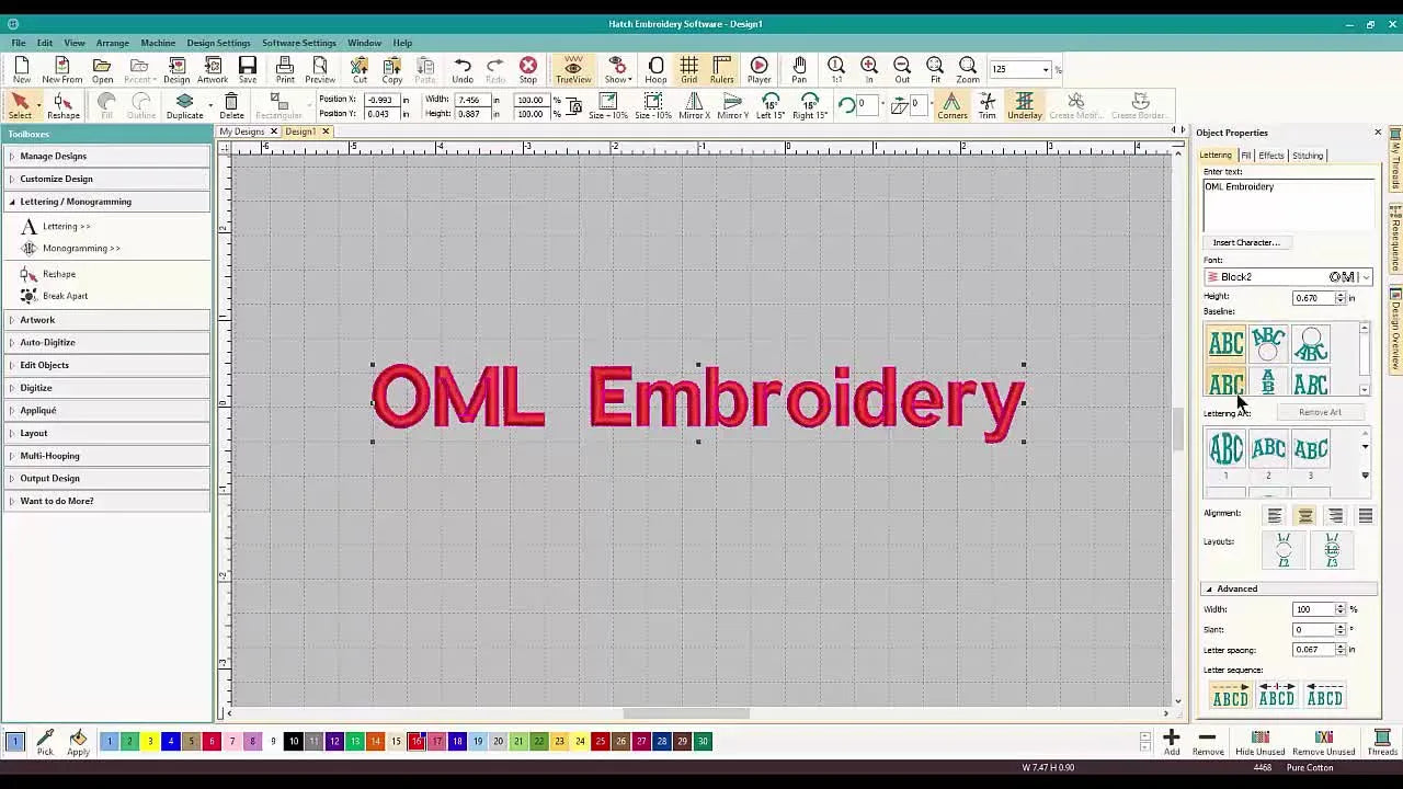 A Hatch screen capture showing “OML Embroidery” instantly arced using the Simple Curve option in the Lettering Art panel.