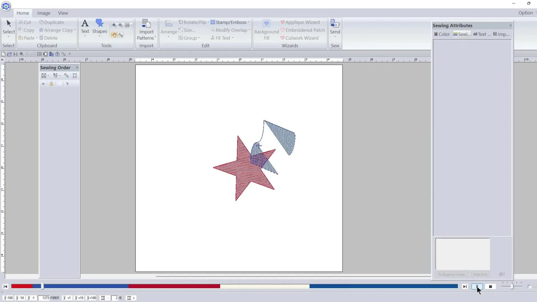 A close-up software view showing blue flag stitches crossing over a red star to create a deliberate color-blending texture.
