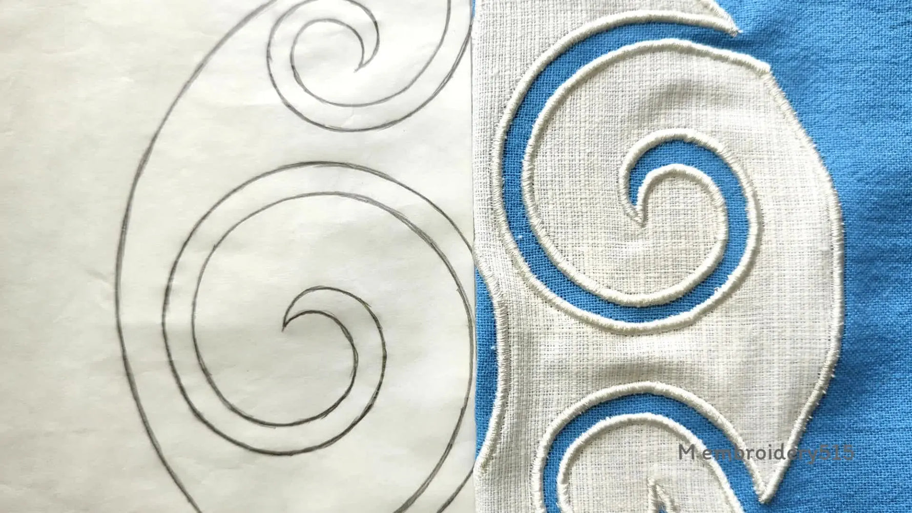 Finished appliqué design side-by-side with its traced pattern